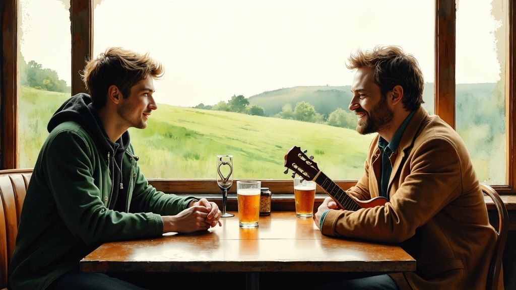 Grüne Hügellandschaft in Irland bei Sonnenuntergang