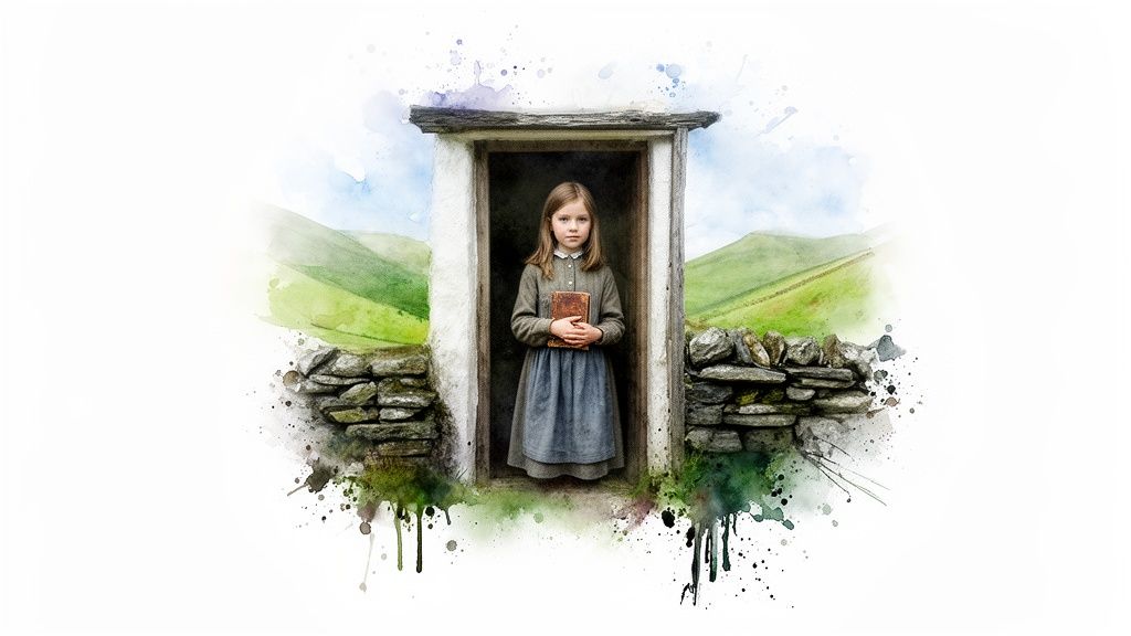 Ein junges Mädchen in einfacher Kleidung steht in einem Türrahmen und hält ein altes Buch, umgeben von grünen, aquarellierten Hügeln.