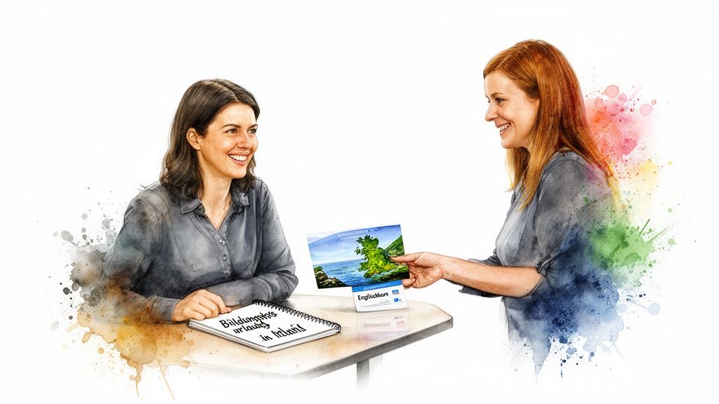 Zwei lächelnde Frauen unterhalten sich an einem Tisch, die eine zeigt eine Broschüre über Englischkurse in Irland.