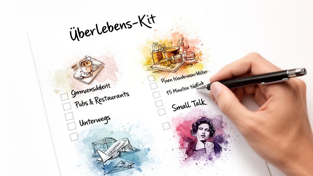 Hand füllt Checkliste "Überlebens-Kit" aus mit Punkten wie "Small Talk" und "15 Minuten täglich".