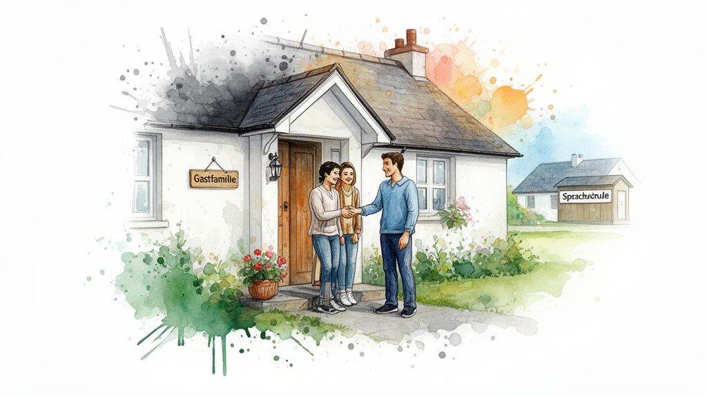 Aquarellbild einer Gastfamilie, die einen Studenten vor ihrem Haus begrüßt, mit einer Sprachschule im Hintergrund.