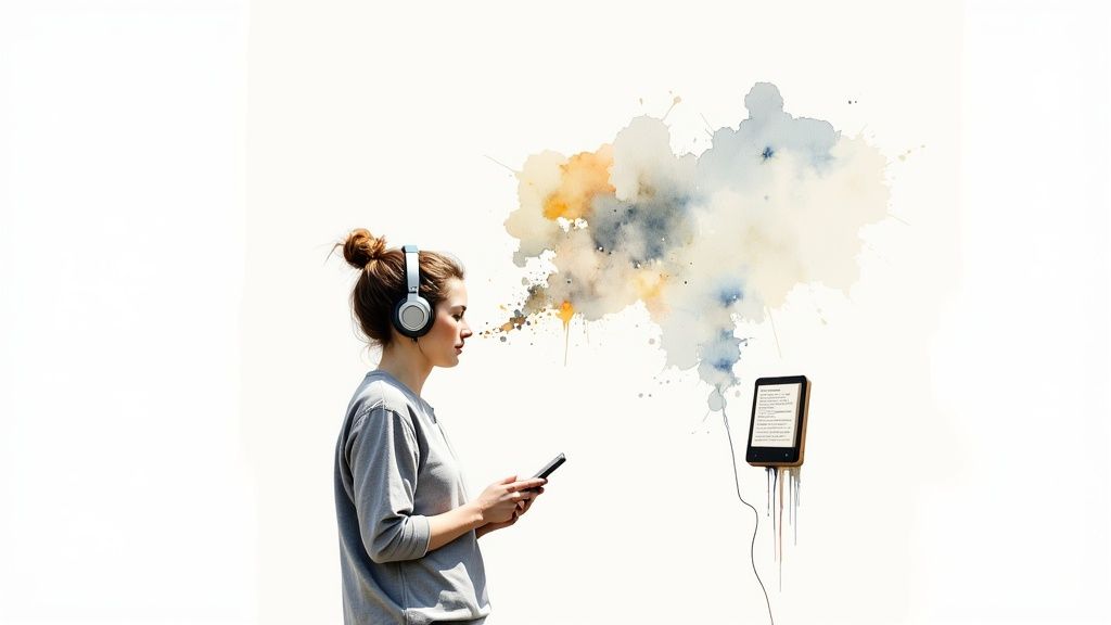 Eine Person sitzt konzentriert mit Kopfhörern vor einem Laptop, umgeben von grünen Pflanzen, was das fokussierte Hören von englischen Medien darstellt.