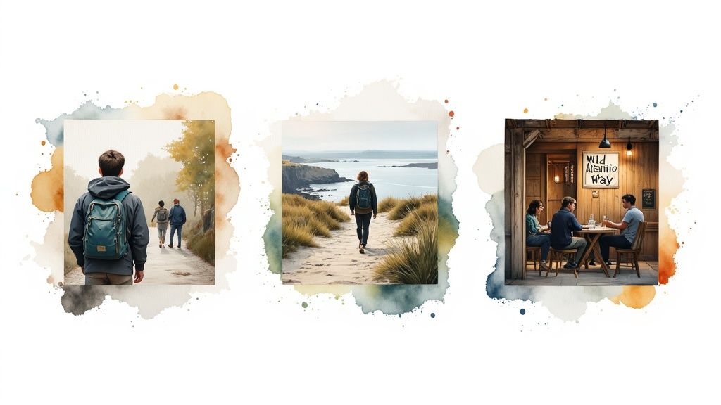 Menschen genießen verschiedene Reiseerlebnisse: Wandern auf einem Waldweg, Küstenwanderung und Speisen in einem rustikalen Restaurant.