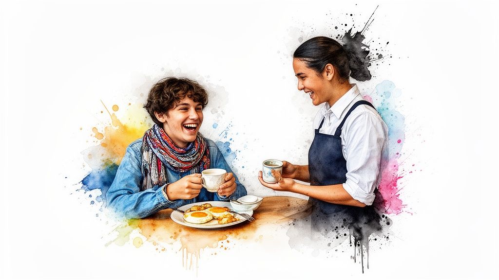 Zwei lachende Personen, ein Kunde und ein Kellner, beim Frühstück mit Kaffee und Eiern in einem Aquarellstil.