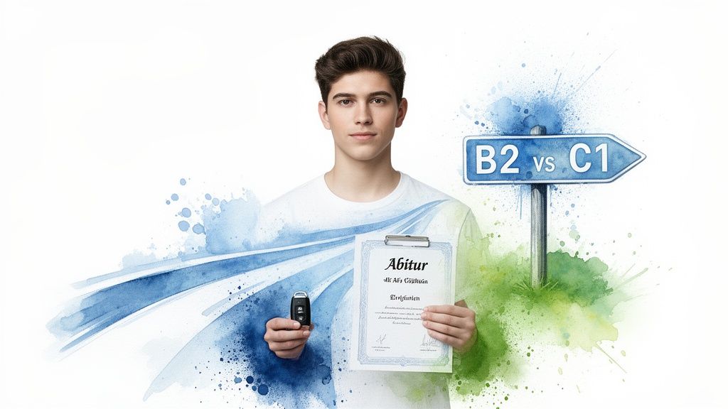 Junger Mann mit Abitur-Zeugnis und Autoschlüssel vor einem Wegweiser 'B2 vs C1', umgeben von Aquarell-Elementen.