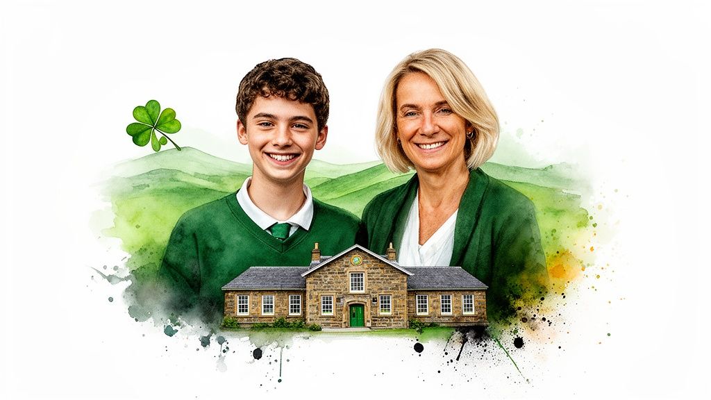 Lachender Junge und Frau vor einer irischen Landschaft mit Schulgebäude und Kleeblatt.