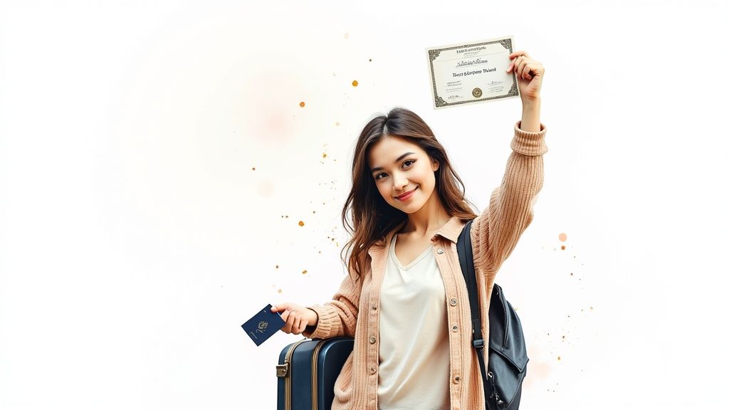 Fröhliche Studentin mit Hochschulabschluss und Pass, bereit für Studium oder Arbeit im Ausland.