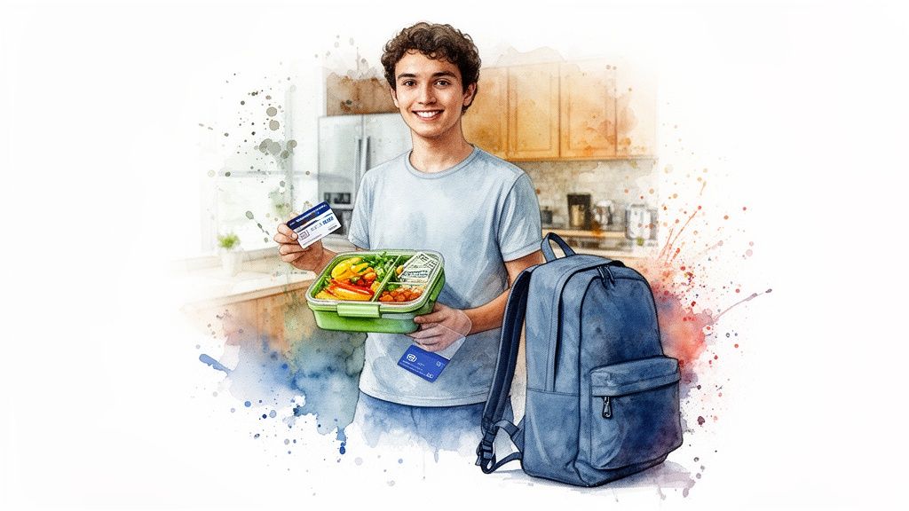 Ein lächelnder junger Mann hält eine Lunchbox und zwei Karten in einer Küche neben einem Rucksack.