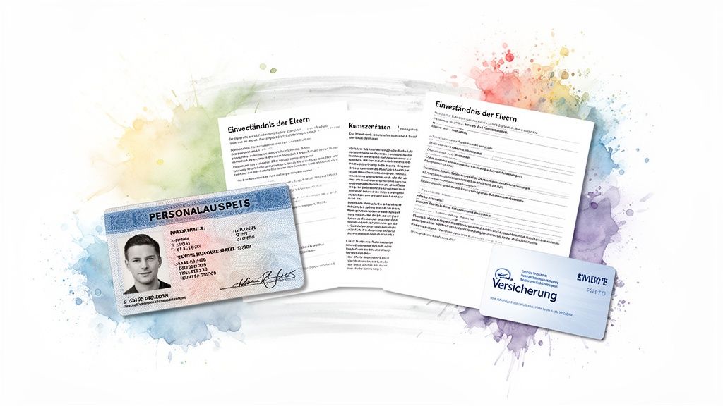 Deutscher Personalausweis, Krankenkassenkarte und Antragsformulare liegen auf einem bunten Hintergrund.