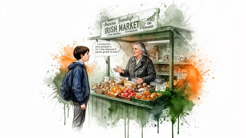Aquarellbild eines Jungen, der mit einer Verkäuferin an einem irischen Marktstand voller Obst und Gemüse spricht.