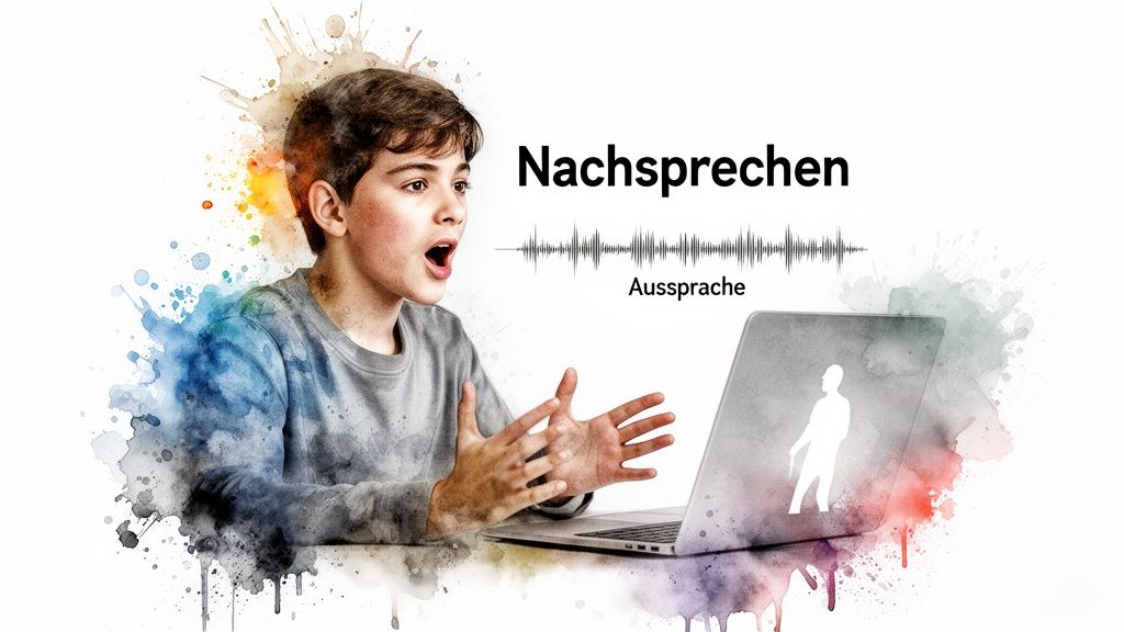 Ein Junge spricht und übt Aussprache vor einem Laptop mit 'Nachsprechen' und Sprachwellen.