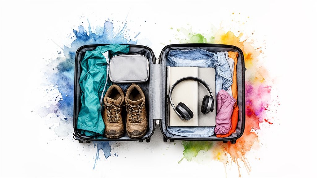 Offener Reisekoffer mit Kleidung, Wanderschuhen, Kopfhörern und Buch, umgeben von Farbspritzern.