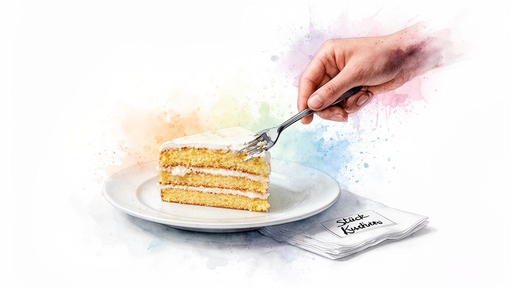 Eine Hand nimmt mit einer Gabel ein Stück Kuchen von einem weißen Teller, umgeben von Farbspritzern.