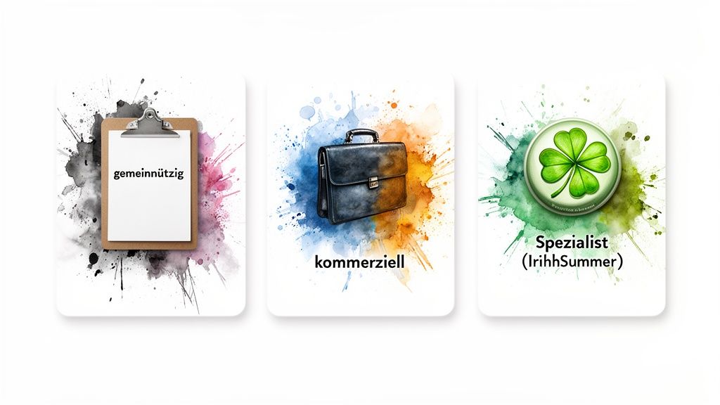 Drei bunte Karten zeigen Konzepte: gemeinnützig mit Klemmbrett, kommerziell mit Aktentasche und Spezialist mit Kleeblatt.