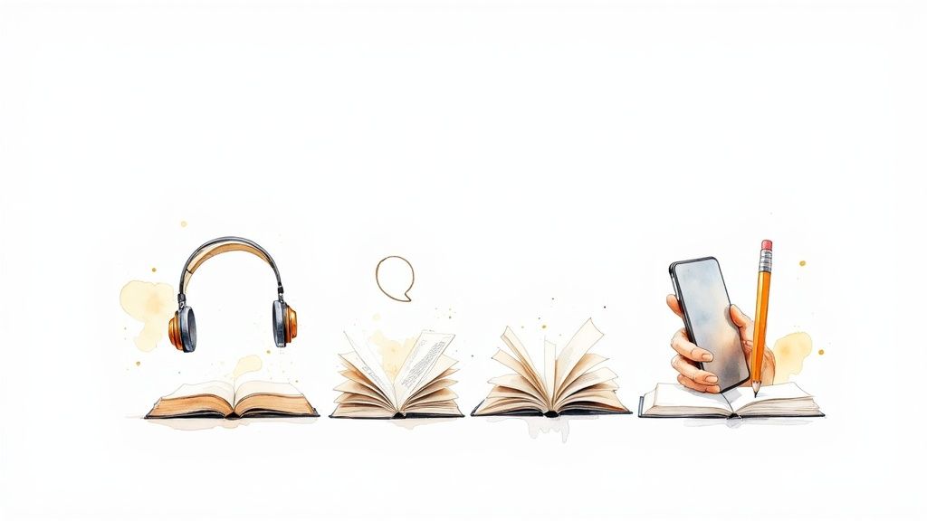 Person schreibt in einem Notzibuch, während sie am Laptop lernt.