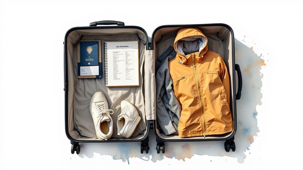 Offener Koffer, bereit für eine Schülersprachreise, mit Reisepass, Notizbuch, Schuhen und Kleidung.