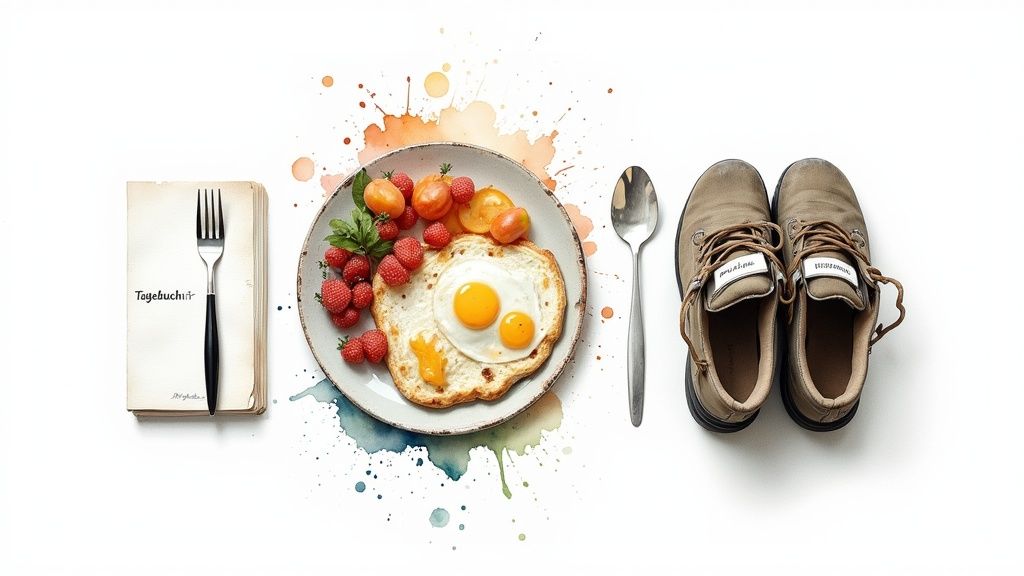 Ein Frühstücks-Flatlay mit Buch, Besteck, Eiern, Beeren und Wanderschuhen auf weißem Hintergrund mit Farbspritzern.