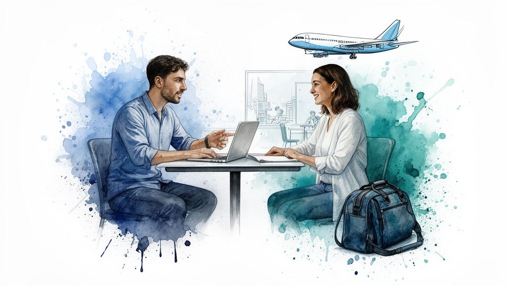 Illustration von einem Mann und einer Frau, die an einem Tisch sitzen und über Laptop und Notizbuch sprechen, mit einem Flugzeug im Hintergrund und Farbspritzern.