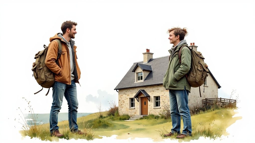 Zwei Männer mit Rucksäcken stehen vor einem Steinhaus auf einer grünen Wiese und lächeln sich an.