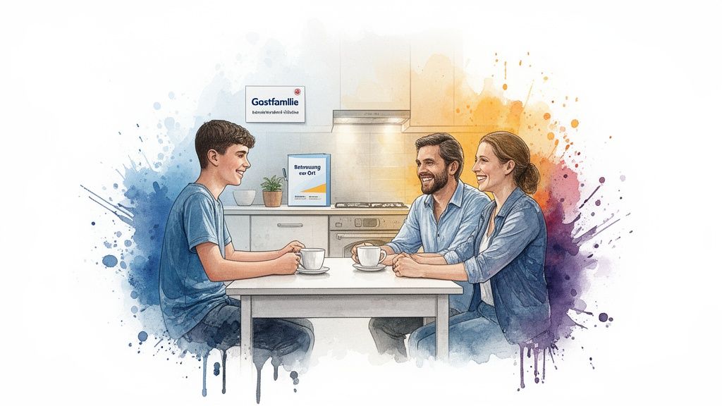 Lachende Gastfamilie mit jungem Schüler in der Küche, die Kaffee trinkt, mit Schildern 'Gastfamilie' und 'Betreuung vor Ort'.