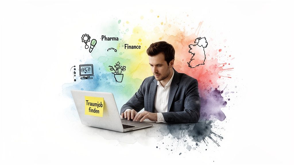 Mann sucht auf Laptop seinen Traumjob in Irland, umgeben von Branchen-Symbolen für Pharma und Finanzen sowie bunten Wasserfarben.
