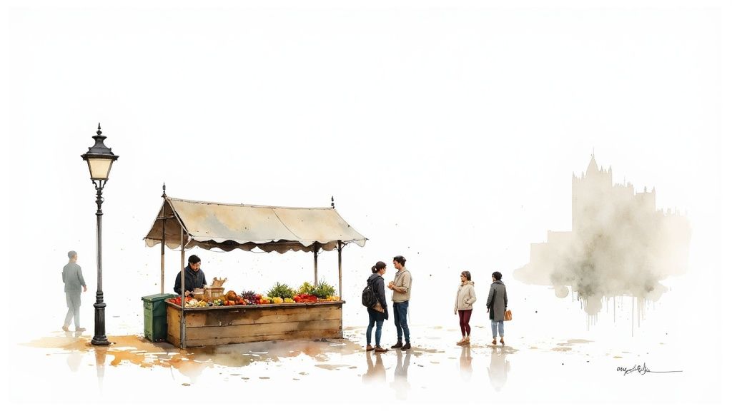 Aquarellbild eines belebten Wochenmarktes mit Obststand, Menschen und Stadtkulisse im Hintergrund.