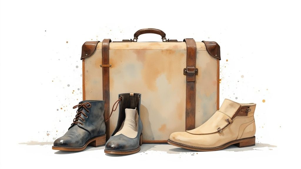 Aquarellbild eines Vintage-Koffers mit drei Paar eleganten Herrenschuhen und Stiefeln davor.
