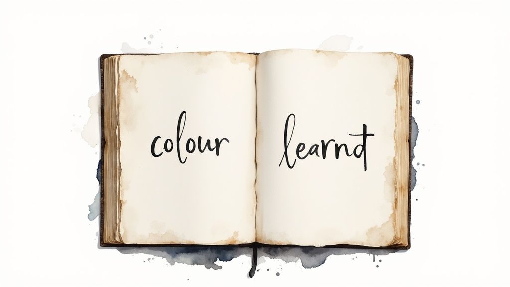Ein offenes Buch zeigt die Wörter 'colour' und 'learnt' in einer eleganten Handschrift auf leicht vergilbten Seiten.