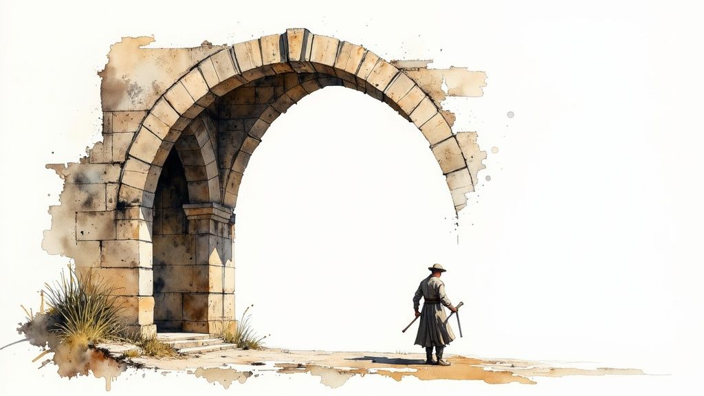 Ein Mann in einem langen Mantel steht vor einem alten Steinbogen im Aquarellstil auf weißem Hintergrund.