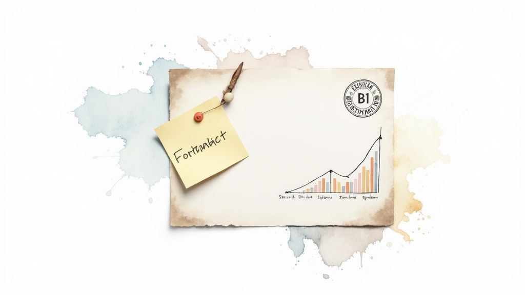 Ein Stück Papier mit einem Notizzettel 'Fortunalict' und einem Wachstumsdiagramm, umgeben von Aquarellfarben.