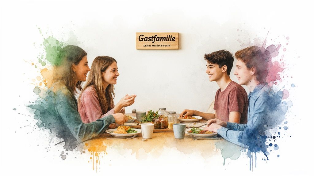 Eine lächelnde Gastfamilie sitzt an einem Tisch, isst und spricht miteinander, umgeben von bunten Wasserfarben-Effekten.