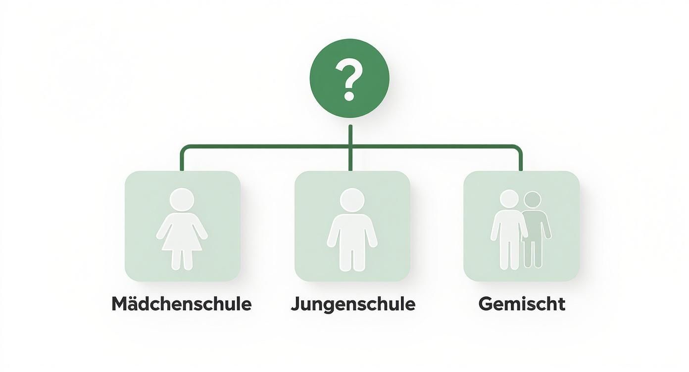 Diagramm zeigt drei Schultypen: Mädchenschule, Jungenschule und gemischte Schule mit entsprechenden Symbolen
