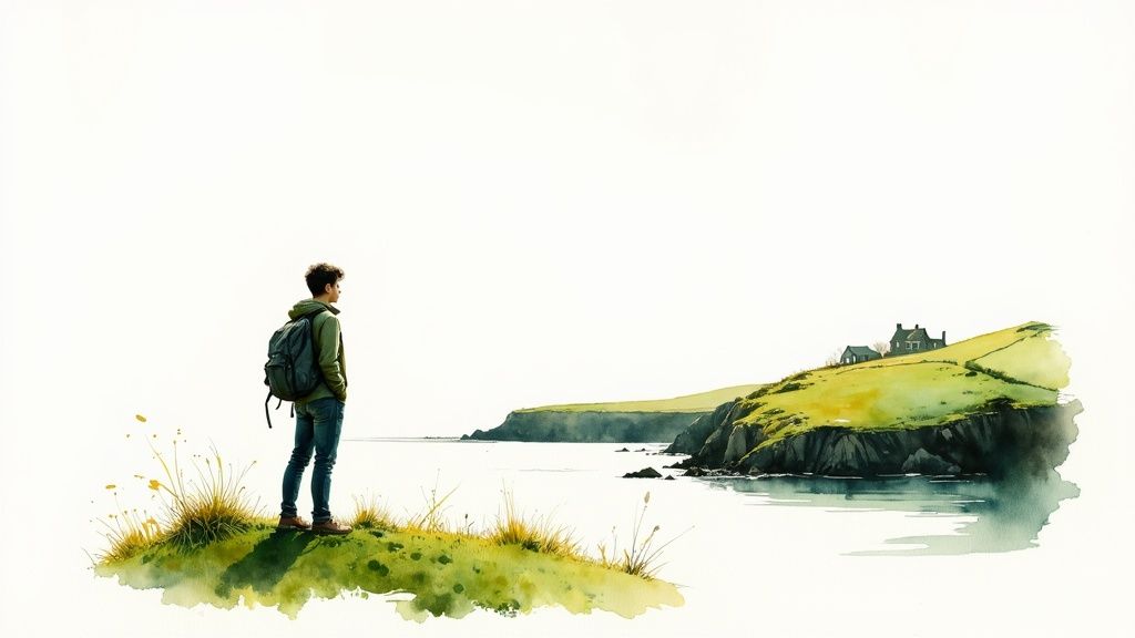Aquarell: Wanderer mit Rucksack blickt auf weite Küstenlandschaft mit grünen Hügeln und Häusern am Meer.