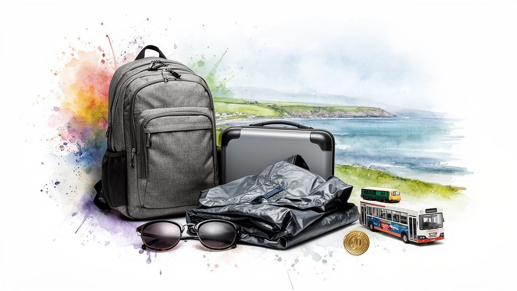 Reiseutensilien vor einer gemalten Küstenlandschaft mit Rucksack, Koffer, Sonnenbrille und Spielzeugbussen.