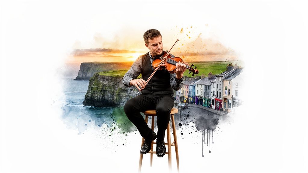 Ein Mann spielt Geige vor einer malerischen Aquarellkulisse der Cliffs of Moher und eines irischen Dorfes.