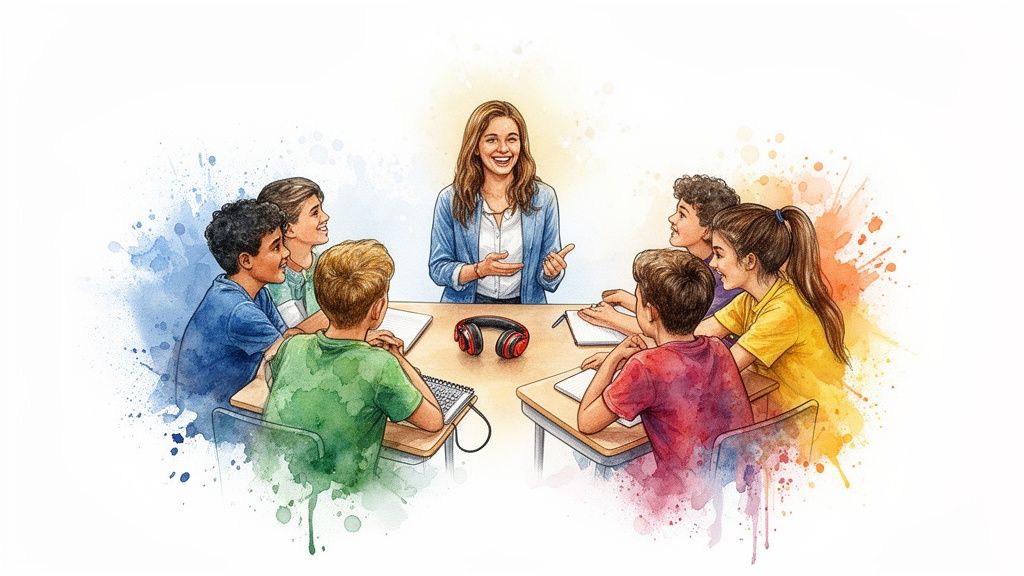 Eine lächelnde Lehrerin spricht mit einer Gruppe von Schülern an einem Tisch, umgeben von bunten Farbspritzern.