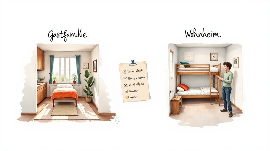 Illustration von Gastfamilie und Wohnheim-Unterkunft mit einer Checkliste dazwischen, die Optionen aufzeigt.