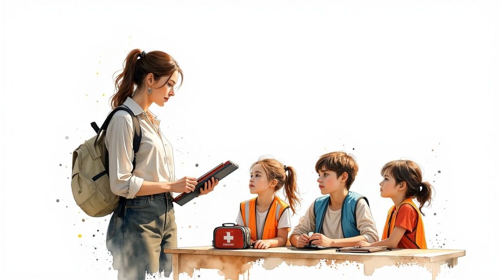 Lehrerin mit Tablet erklärt drei Schülern Sicherheitsregeln während einer Klassenfahrt