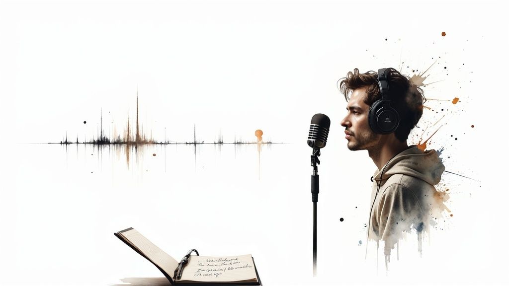 Mann mit Kopfhörern spricht in Mikrofon, daneben Schallwelle, Notizbuch und Farbspritzer.