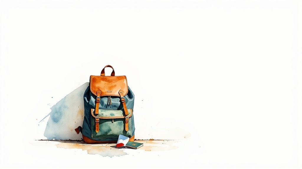 Aquarellmalerei eines stilvollen Rucksacks mit braunen Lederriemen und einem Reisepass auf weißem Hintergrund.