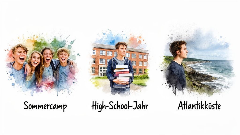 Drei Aquarellillustrationen: lachende Jugendliche im Sommercamp, Schüler vor Gebäude, Mann an der Atlantikküste.