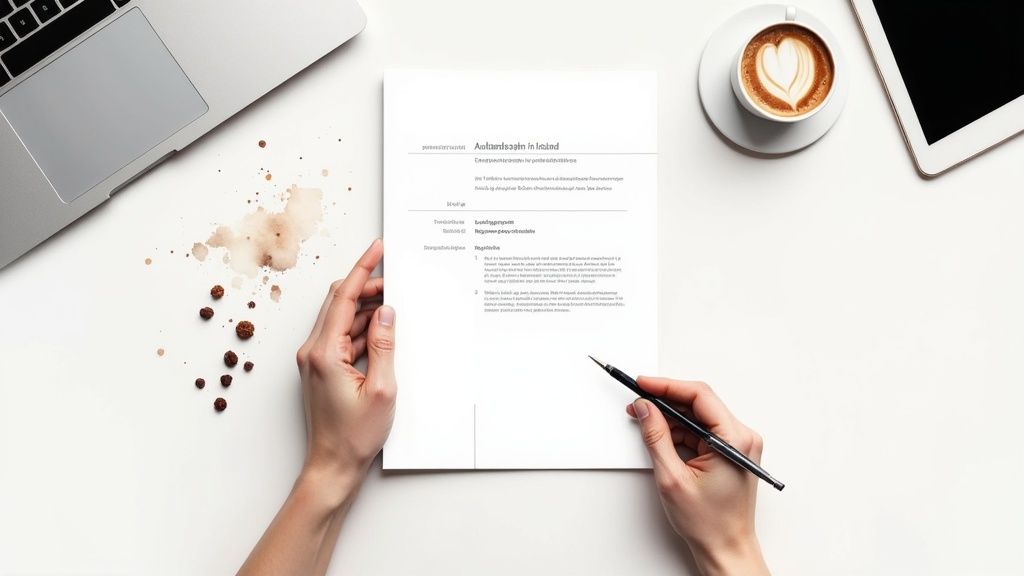 Eine Person hält ein Dokument mit Text über ein Auslandsjahr, umgeben von Laptop und Kaffee auf einem weißen Schreibtisch.