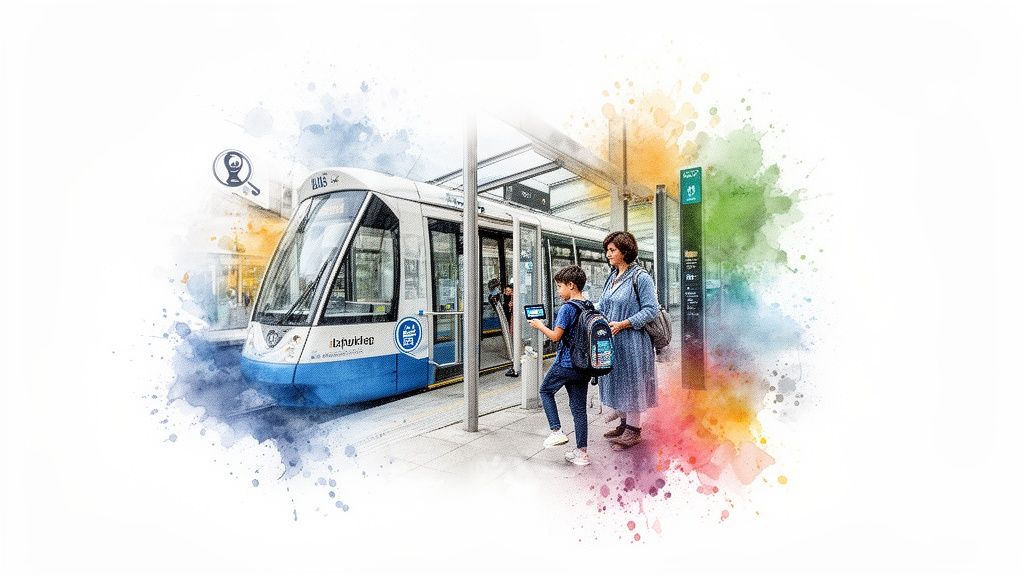 Eine Frau und ein Junge warten an einer Haltestelle auf eine weiße und blaue Straßenbahn. Der Junge hält ein Tablet.