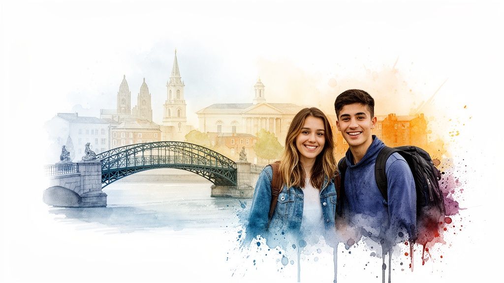 Zwei lächelnde Studierende vor einer Aquarell-Skyline von Dublin mit Brücke und historischen Gebäuden.
