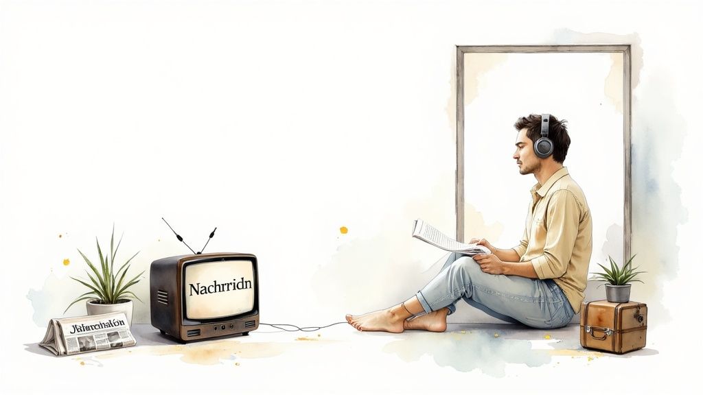 Ein Mann liest Zeitung mit Kopfhörern, während ein alter Fernseher Nachrichten anzeigt, in einem minimalistischen Raum.