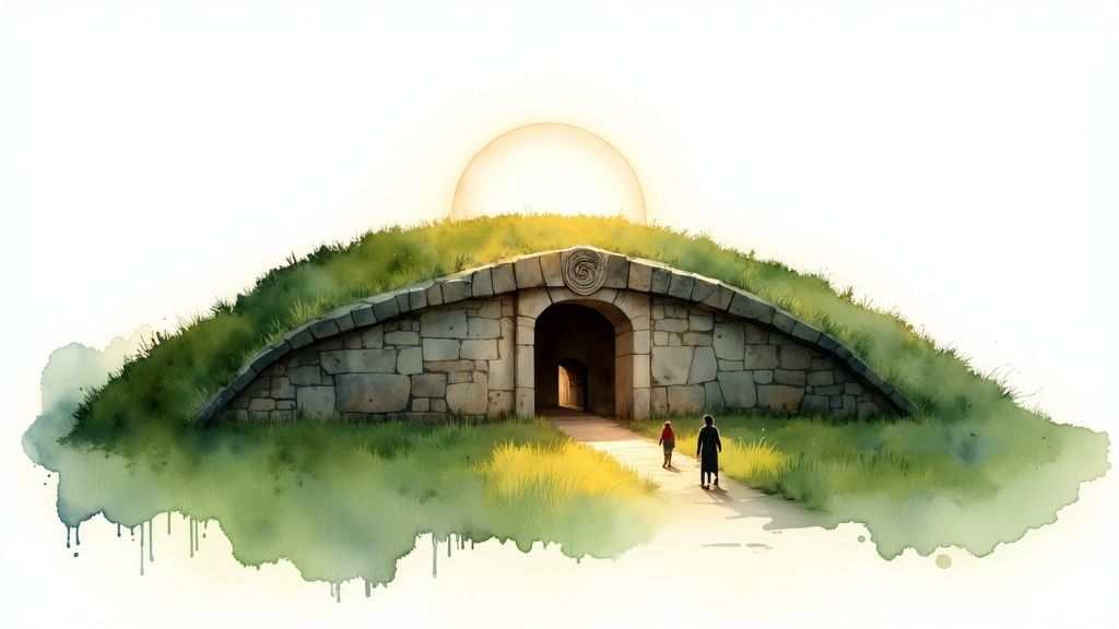 Aquarellmalerei eines grünen Hügels mit Steintor und zwei Personen, die auf den Eingang zugehen, bei Sonnenlicht.