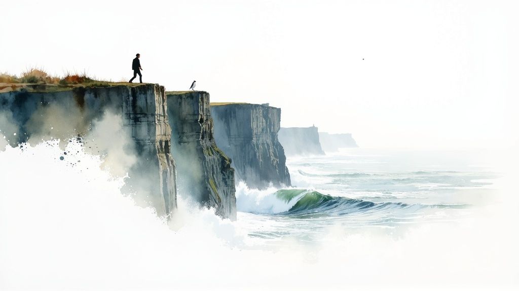 Ein Mann wandert auf den hohen Klippen von Irland mit tosenden Wellen und einem Vogel am Meer.