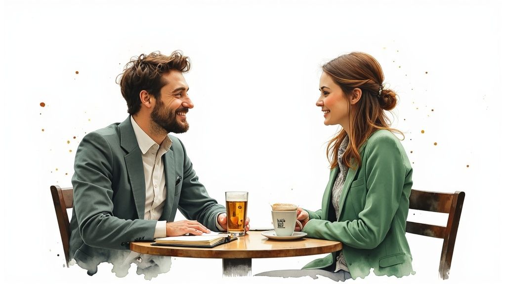 Ein lächelndes Paar sitzt sich gegenüber am Tisch mit Getränken, inmitten von Farbspritzern.