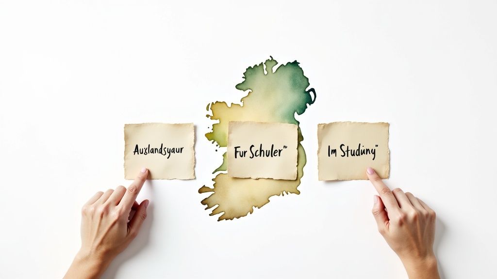 Hände zeigen auf Notizen mit den Wörtern 'Auslandsjahr', 'Für Schüler' und 'Im Studium' über einer Irlandkarte.