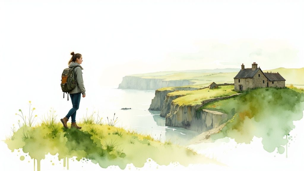 Junge Rucksacktouristin betrachtet malerische Küstenlandschaft mit historischen Steinhäusern und Klippen in Aquarellstil